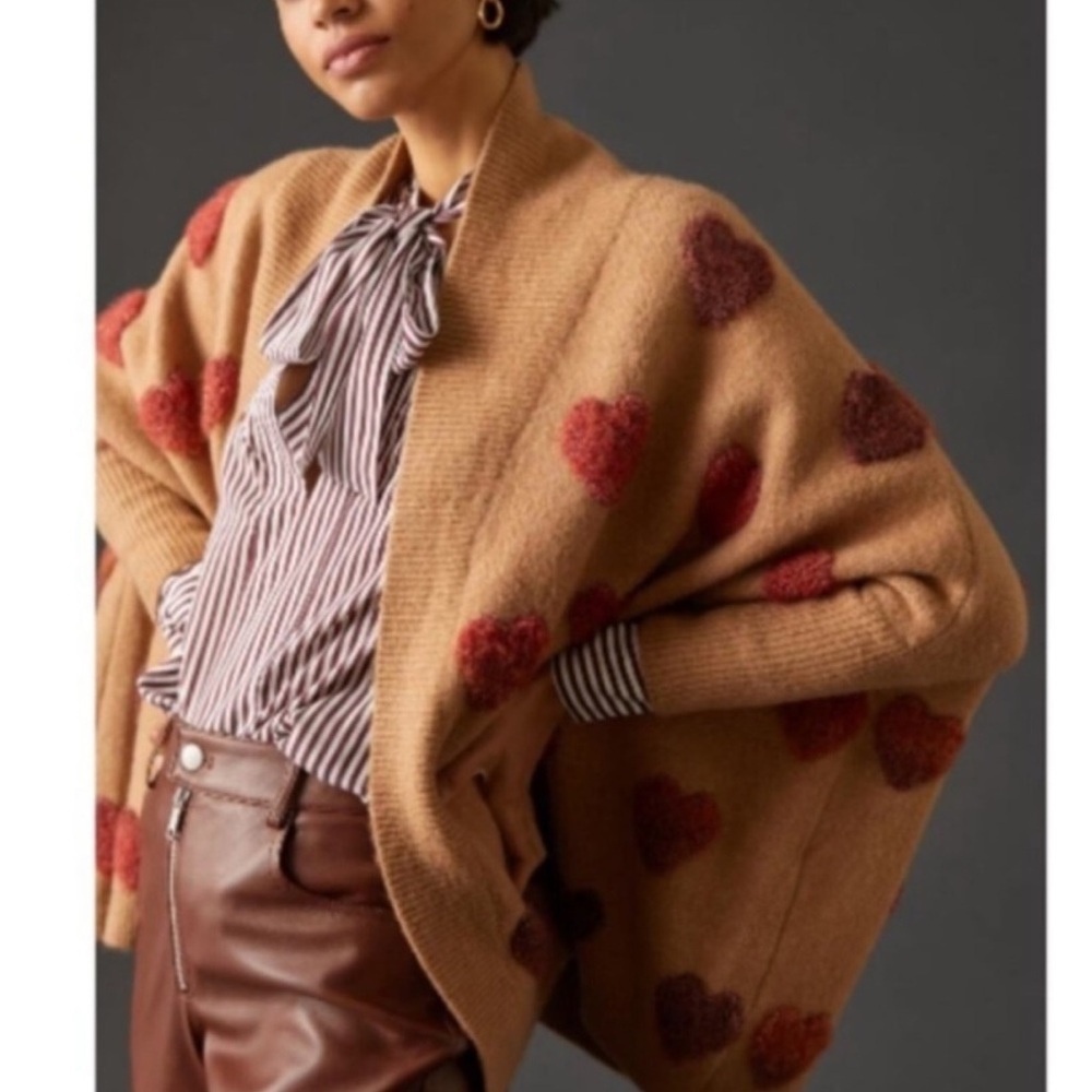 By Anthropologie Boucle Heart Wool Blend Knit Kimono Sweater One Size Brown/Rust